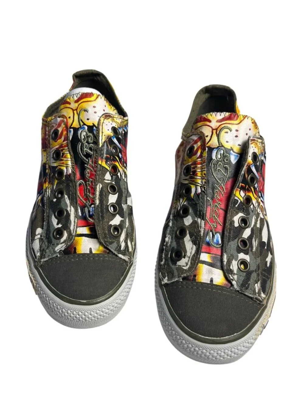 VTG Y2K Ed Hardy Tiger Tattoo Canvas Slip-On laceless Sneakers Mens 8 Womens 10